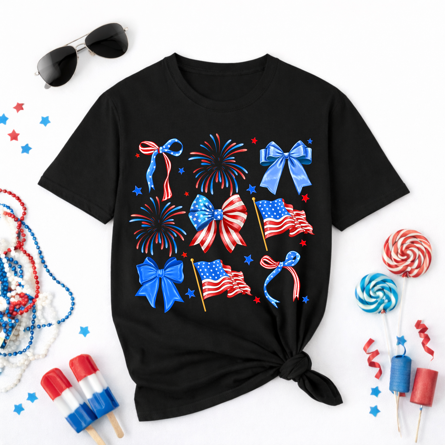 🇺🇸✨ Patriotic Bows & Fireworks Tee
