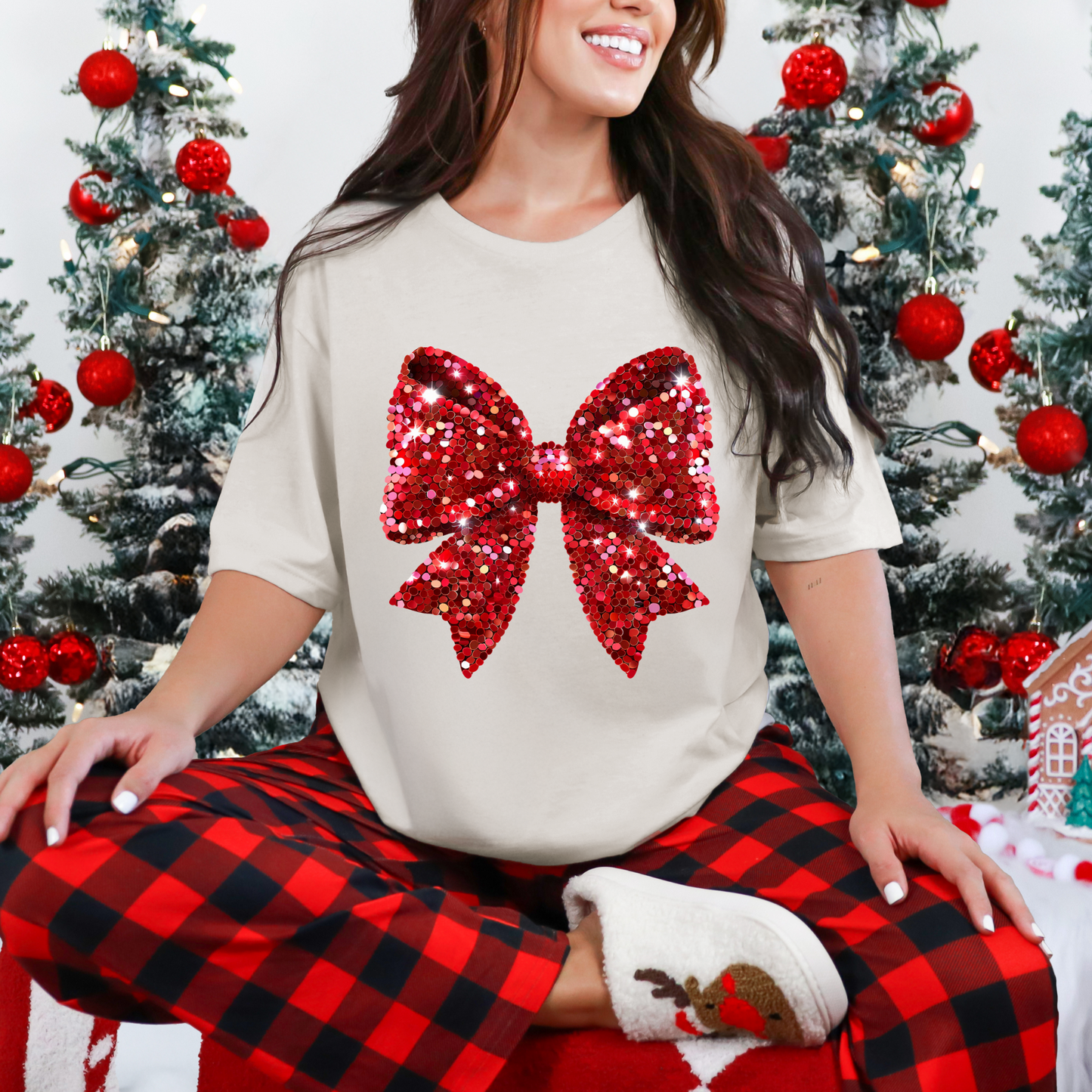 ๐ Red Sequin Bow Christmas Tee