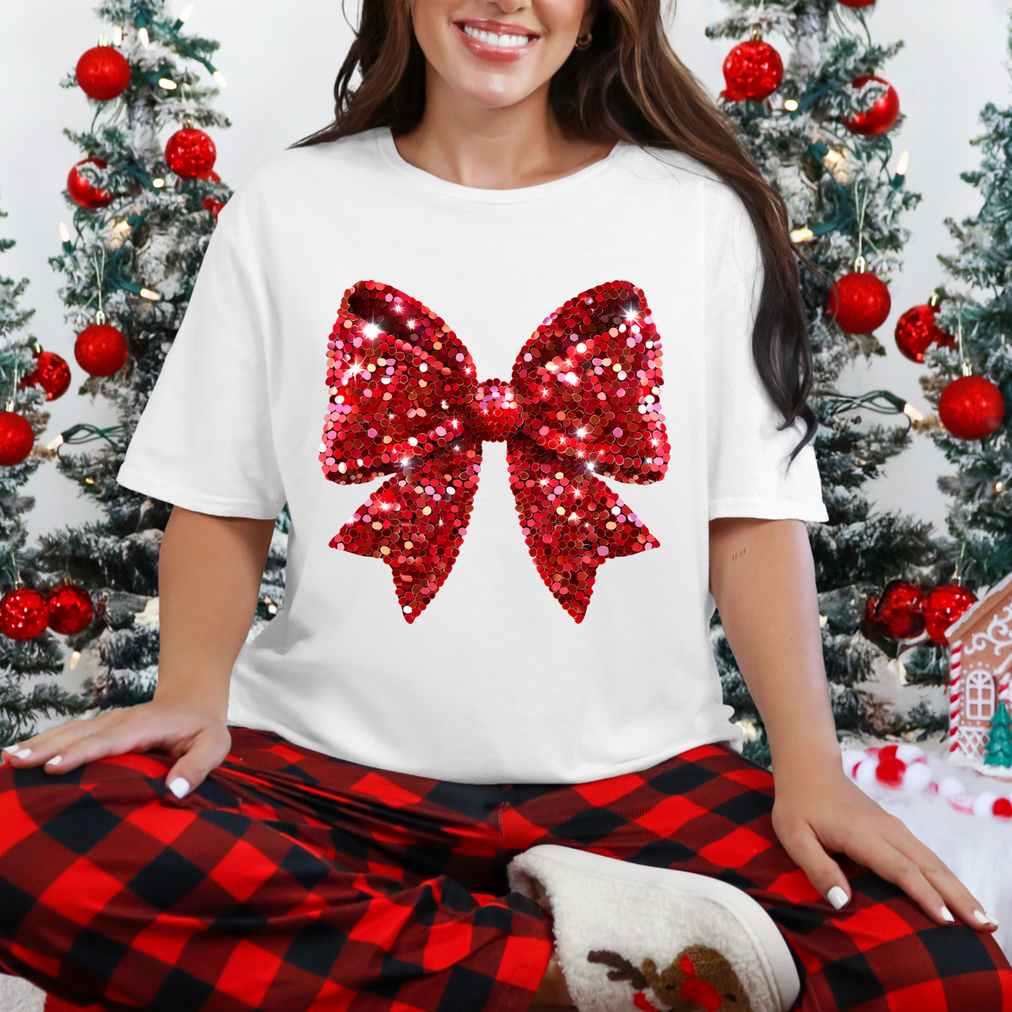 ๐ Red Sequin Bow Christmas Tee