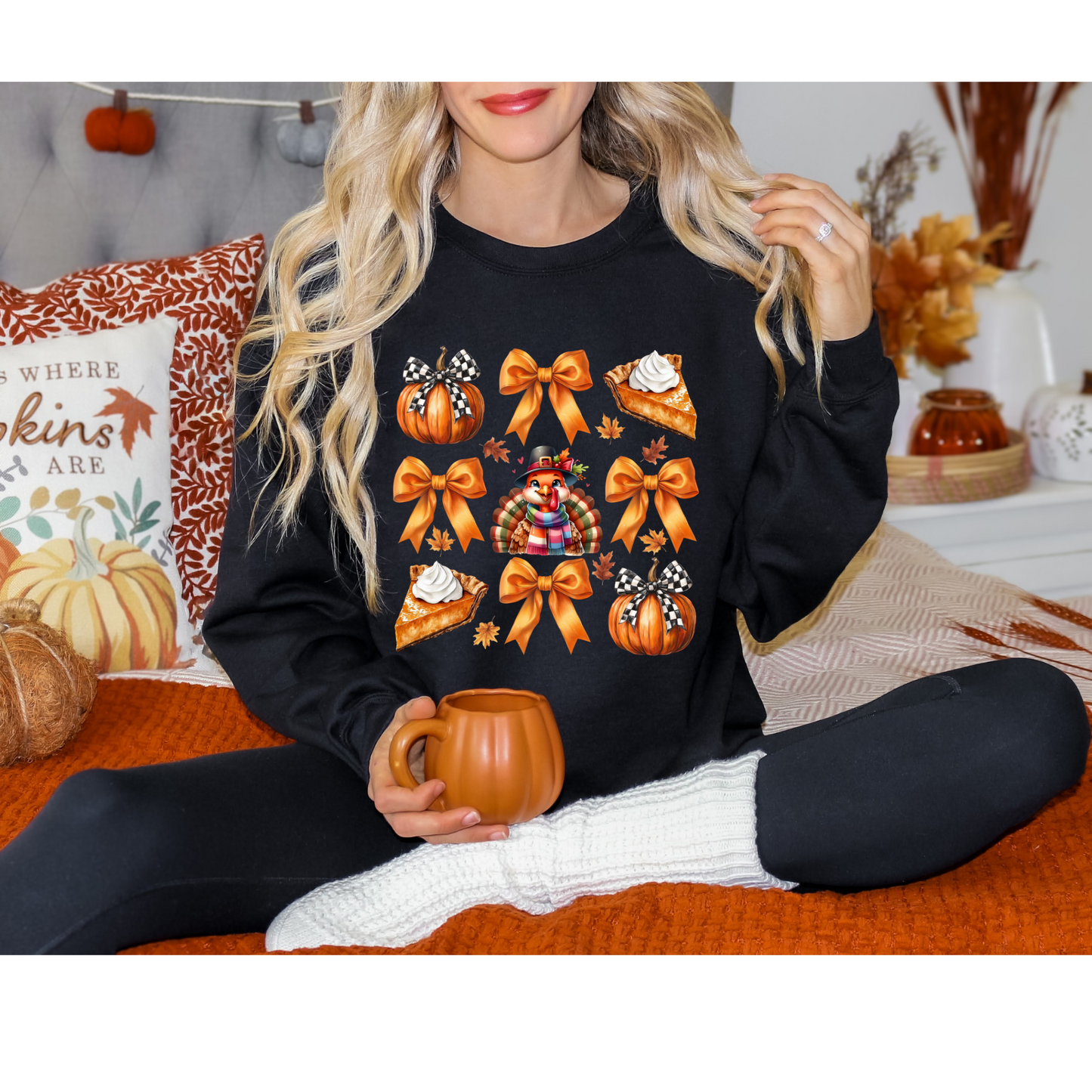 π¦ Fall Vibes Crewneck Sweatshirt β Pumpkins, Pie, Bows & Turkey Design π¦
