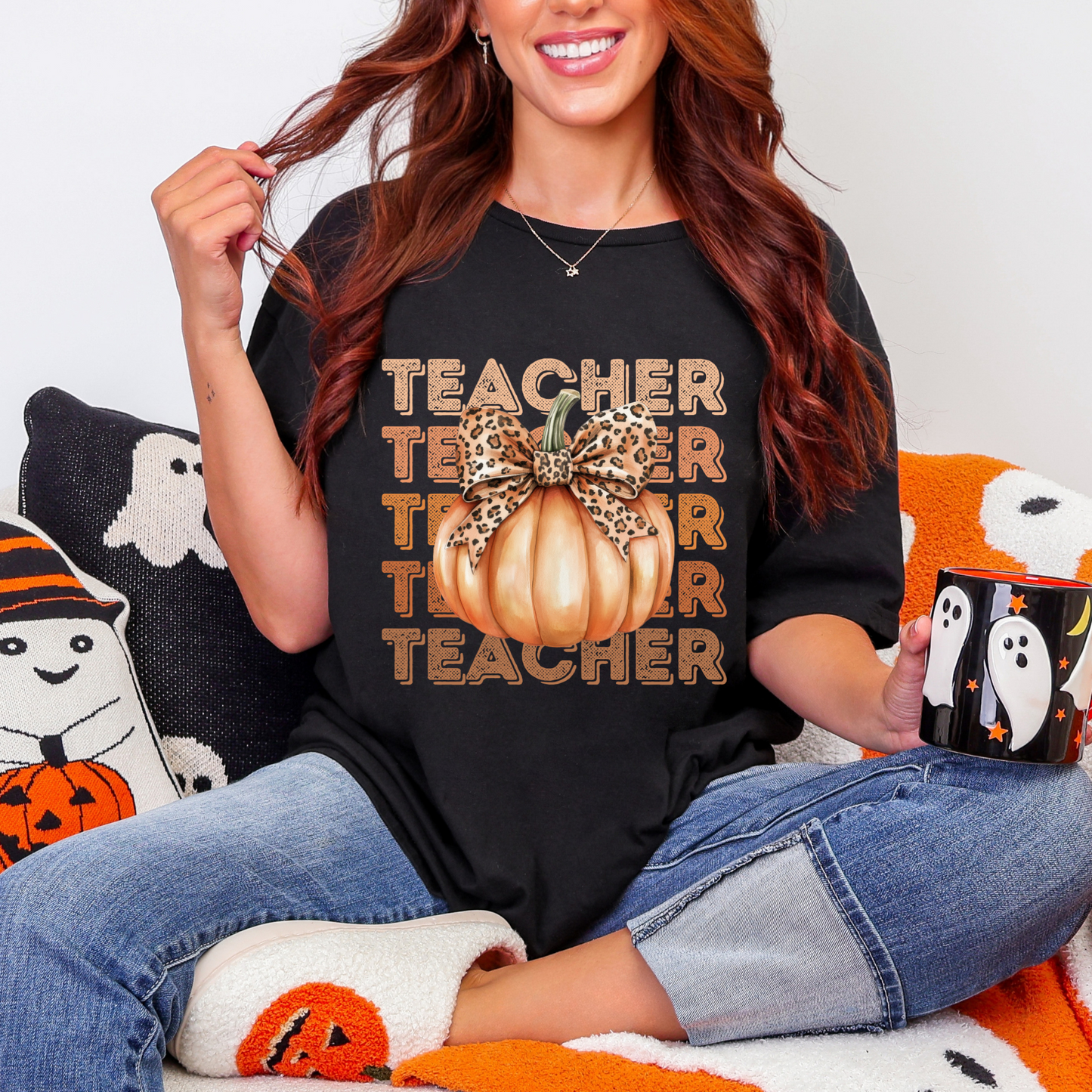 ππ Pumpkin & Leopard Bow Teacher Tee ππ