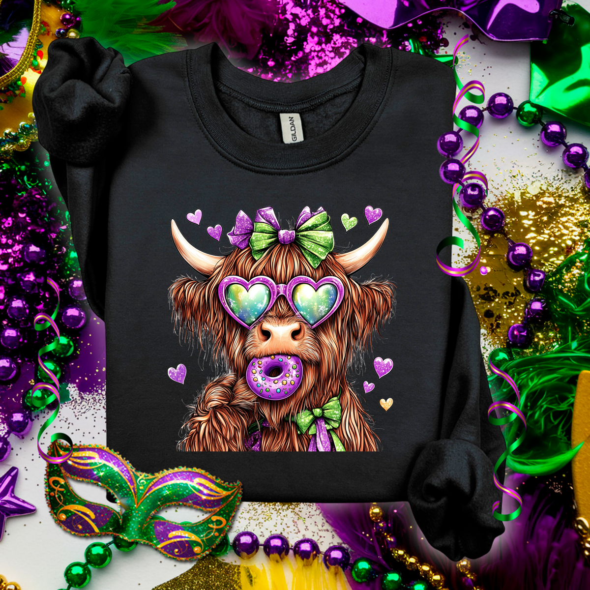 Mardi Gras Donut Highland Cow Tee or crew