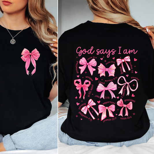 🌸 God Says I Am – Pink Bow Faith Tee 🌸