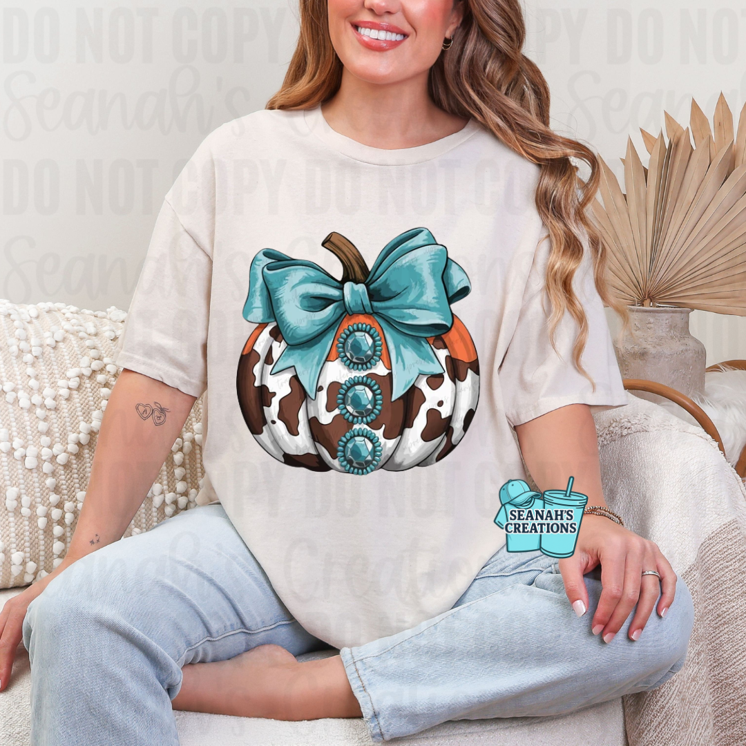 🩵🐄 Turquoise Cowhide Pumpkin Tee