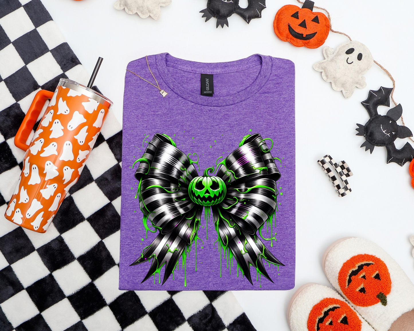 🎃 Neon Drip Pumpkin Bow Tee 🕸️🖤