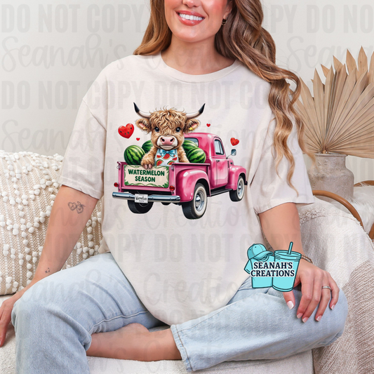 Watermelon Season Highland Cow Tee