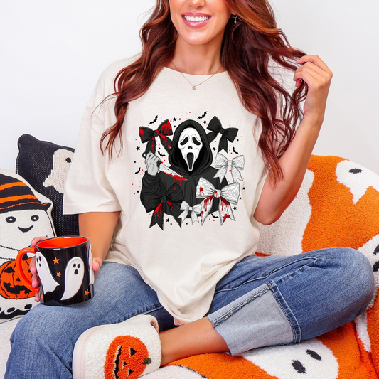👻🔪 Scream-Inspired Horror Bow Halloween T-Shirt