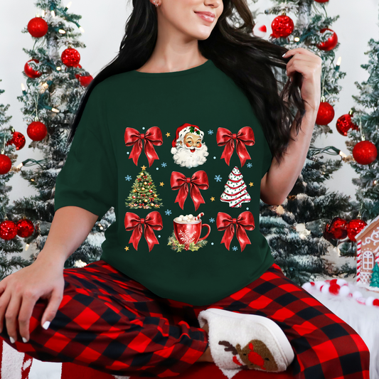 🎅🎀 Santa & Bows Christmas Cheer Tee – Vintage Vibes, Holiday Joy! 🎄☕️