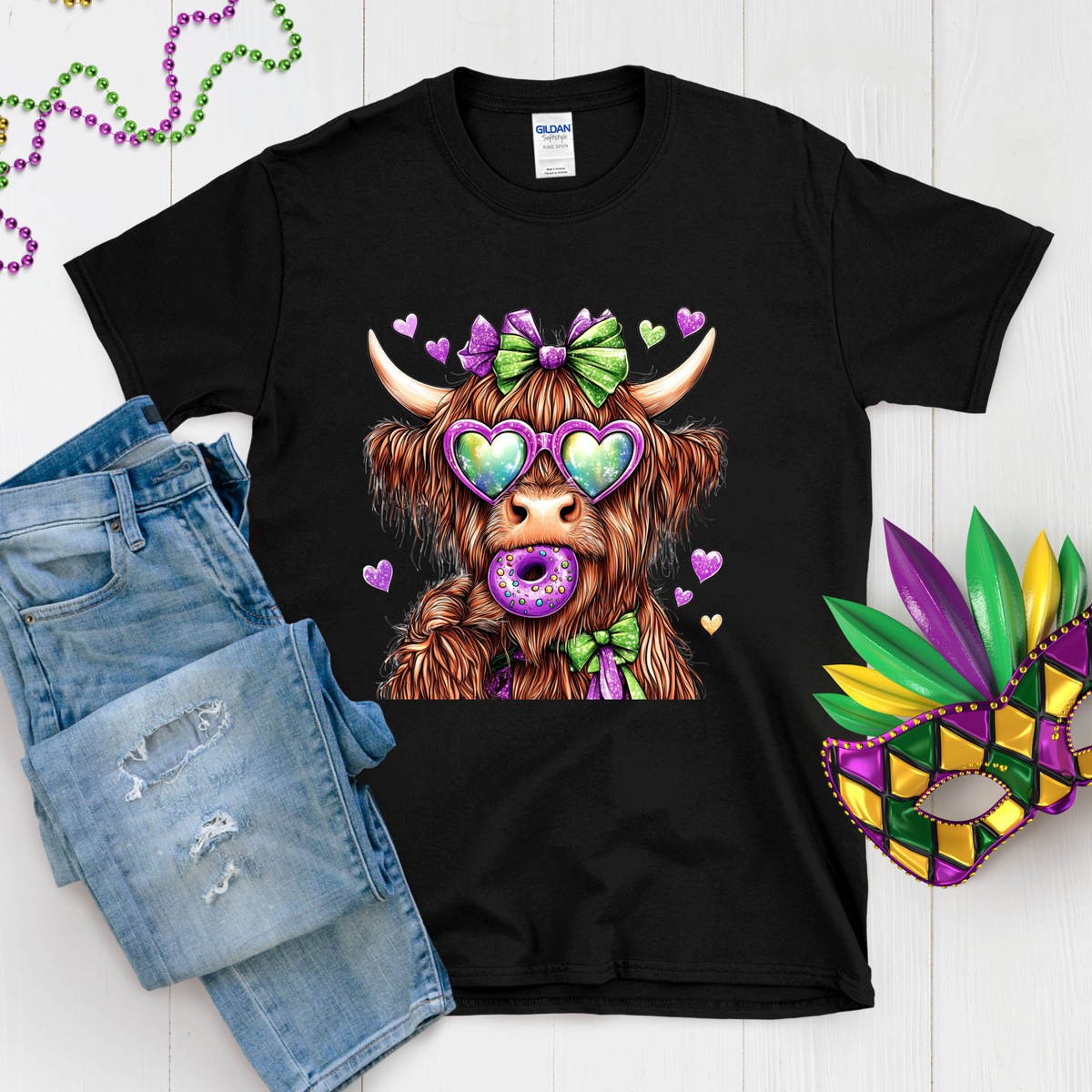 Mardi Gras Donut Highland Cow Tee or crew