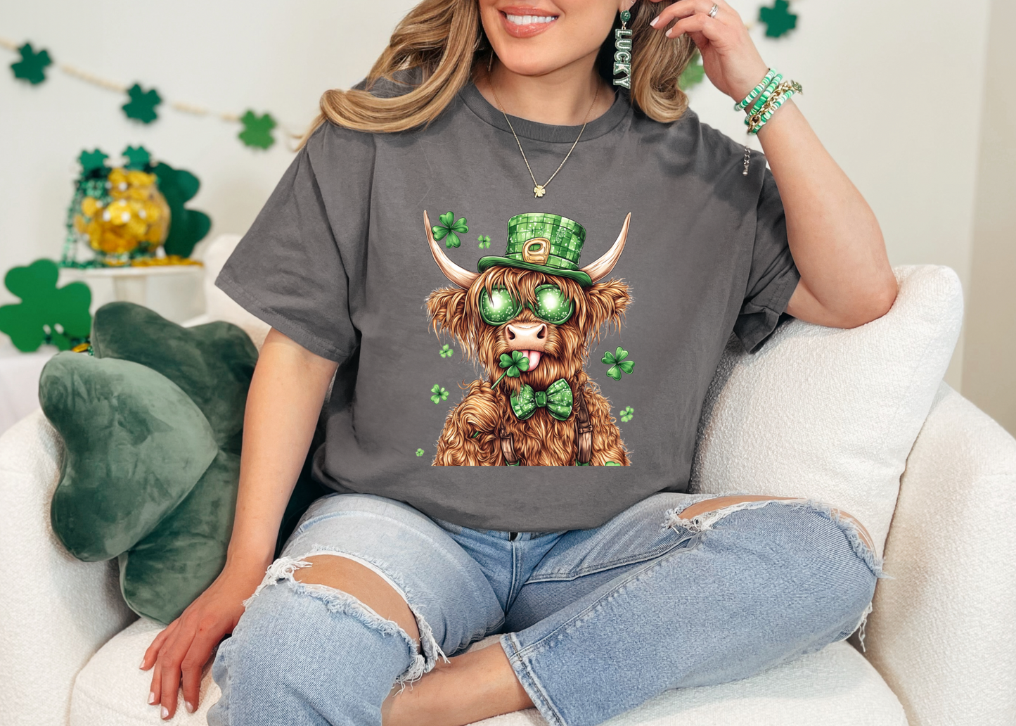 🐮🍀 Lucky Highland Cow St. Patrick’s Day Tee