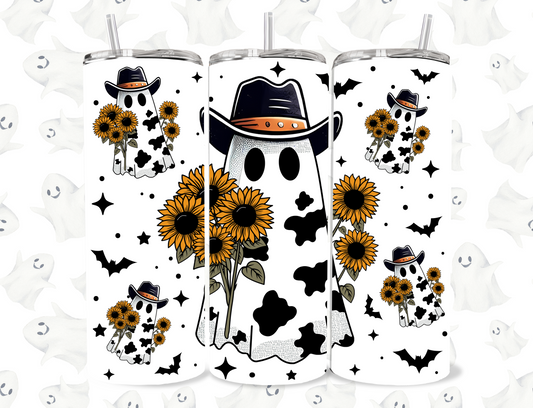 🤠🌻 Cow Print Ghost with Sunflowers – 20oz Skinny Tumbler 🌻🤠