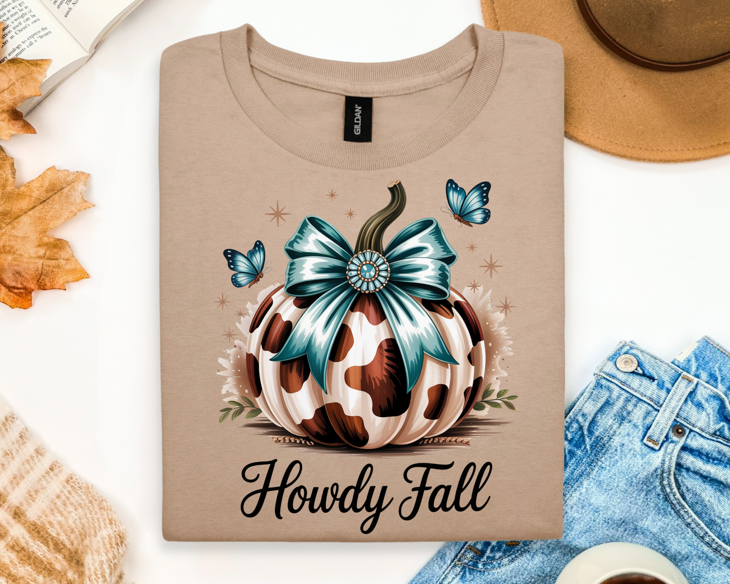 🍂 Howdy Fall Cow Print Pumpkin Tee 🎃🦋