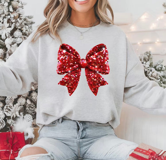 Faux Glitter Red Bow Holiday sweatshirt