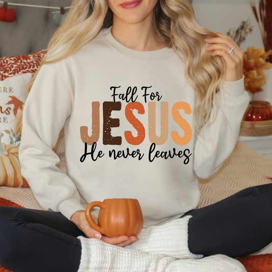 🍁 Fall for Jesus Crewneck – He Never Leaves 🍂